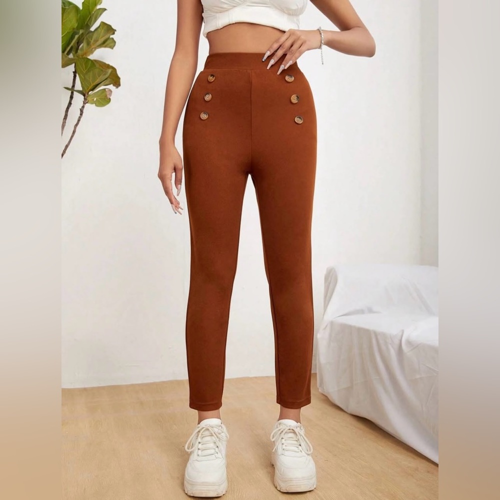 Shein High-Waisted Brown Button-Detail Pants Petite XXS